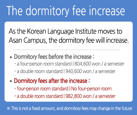 As the Korean Language Institute moves to Asan Campus, the dormitory fee will increase.